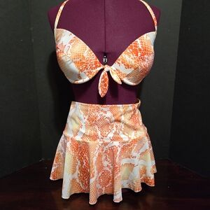 VS Three Piece Coral Pink White snakeskin print bikini skirt combo